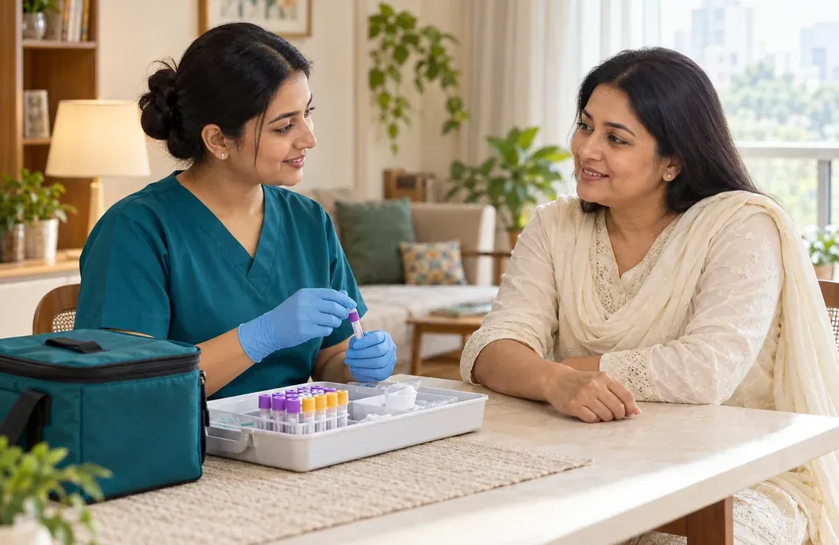 Professional healthcare team member collecting sample at patient's home